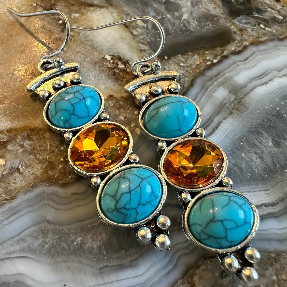 3144 Turquoise and Amber Colored Stone Earrings